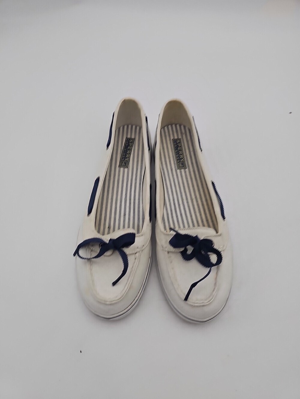 Sperry Hailey White Canvas Ballet Flats Navy Bow Loafers Moccasins Womens 9.5